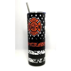 20 oz Fire Dept Red Line Stainless Steel Tumbler with Lid, Straw